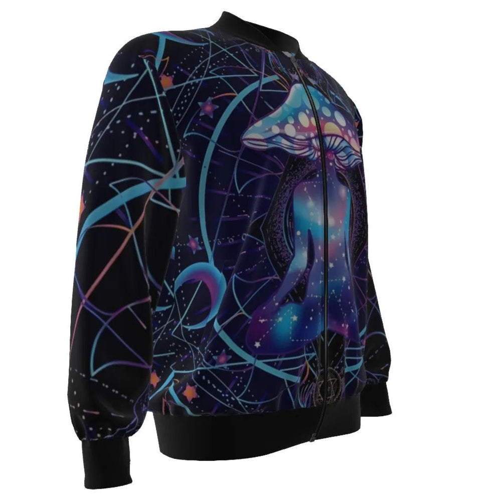 Mystic Mushroom Awakening Bomber Jacket, Psychedelic Spiritual Outerwear, Cosmic Mushroom Graphic Jacket, Visionary Art Streetwear, Boho Mystic Style