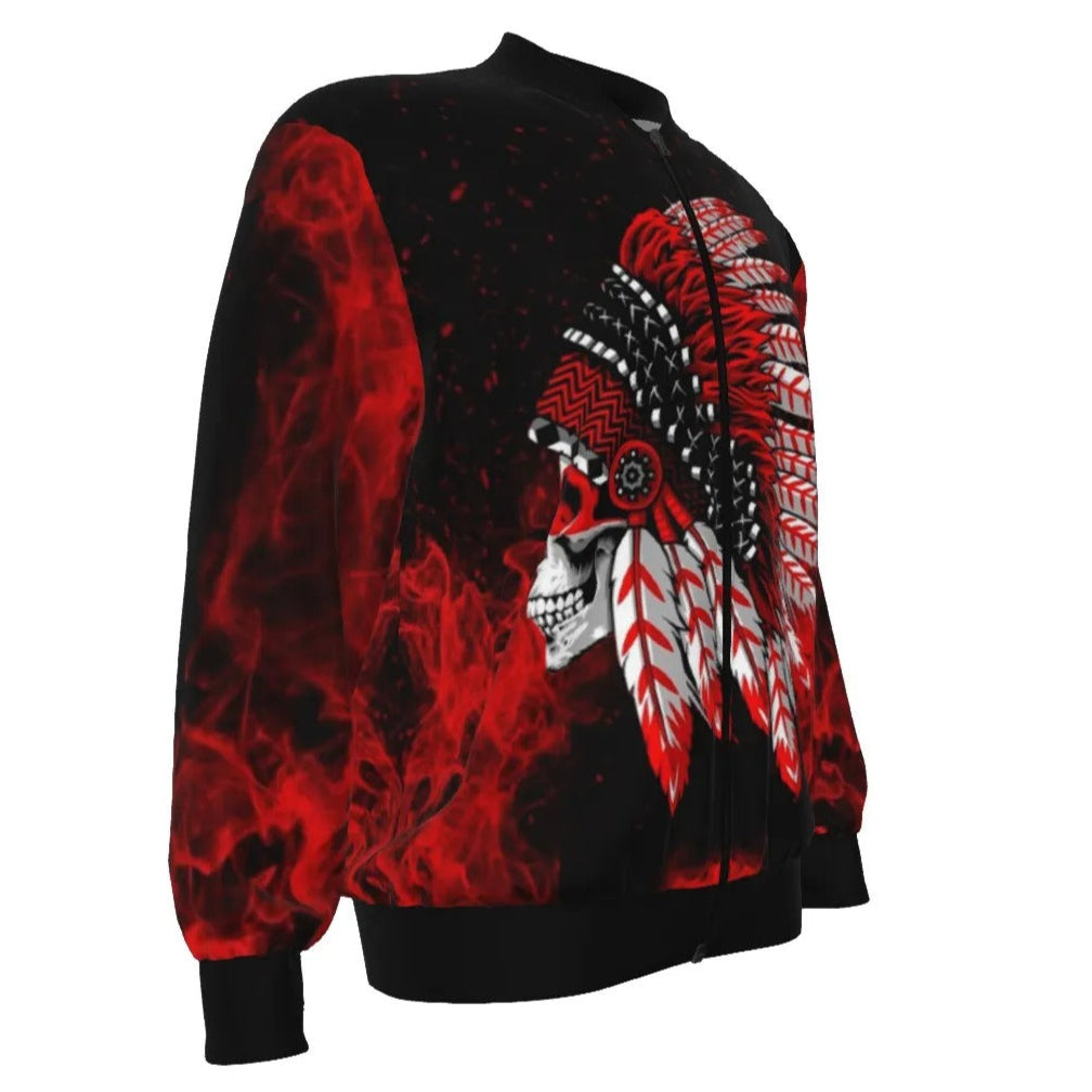Native American Skull Bomber Jacket, Red Feather Headdress Outerwear, Tribal Gothic Flight Jacket, Red Smoke Graphic Coat, Warrior Biker Style