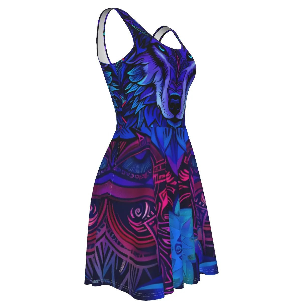 Wolf Mandala Dress, Women Dresses, Spirit Animal Dress, Blue Purple Wolf Art Dress, Tribal Festival Outfit, Psychedelic Animal Clothing, Boho Mystic Fashion, Shamanic Wear