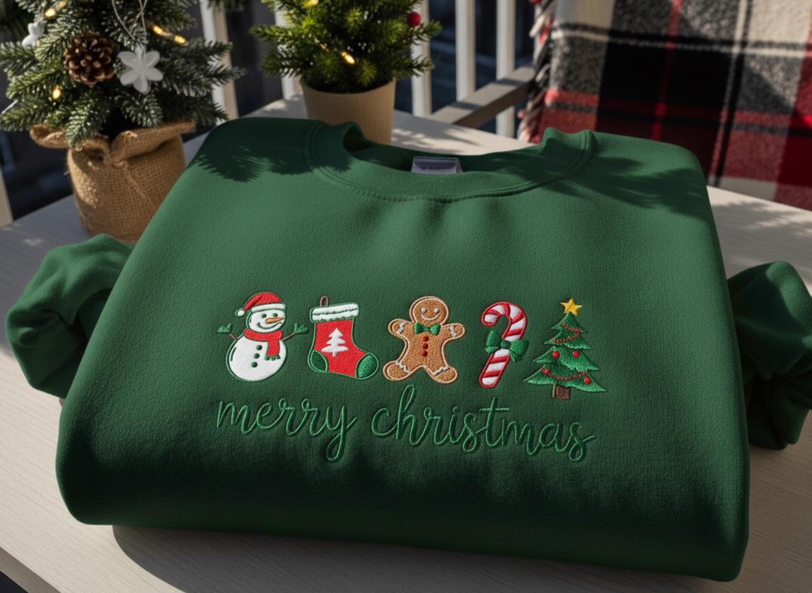 Merry Christmas Embroidered Sweatshirt, Gingerbread Candy Cane Tree Sweater, Festive Winter Gift for Women, Xmas Gift EBAC64