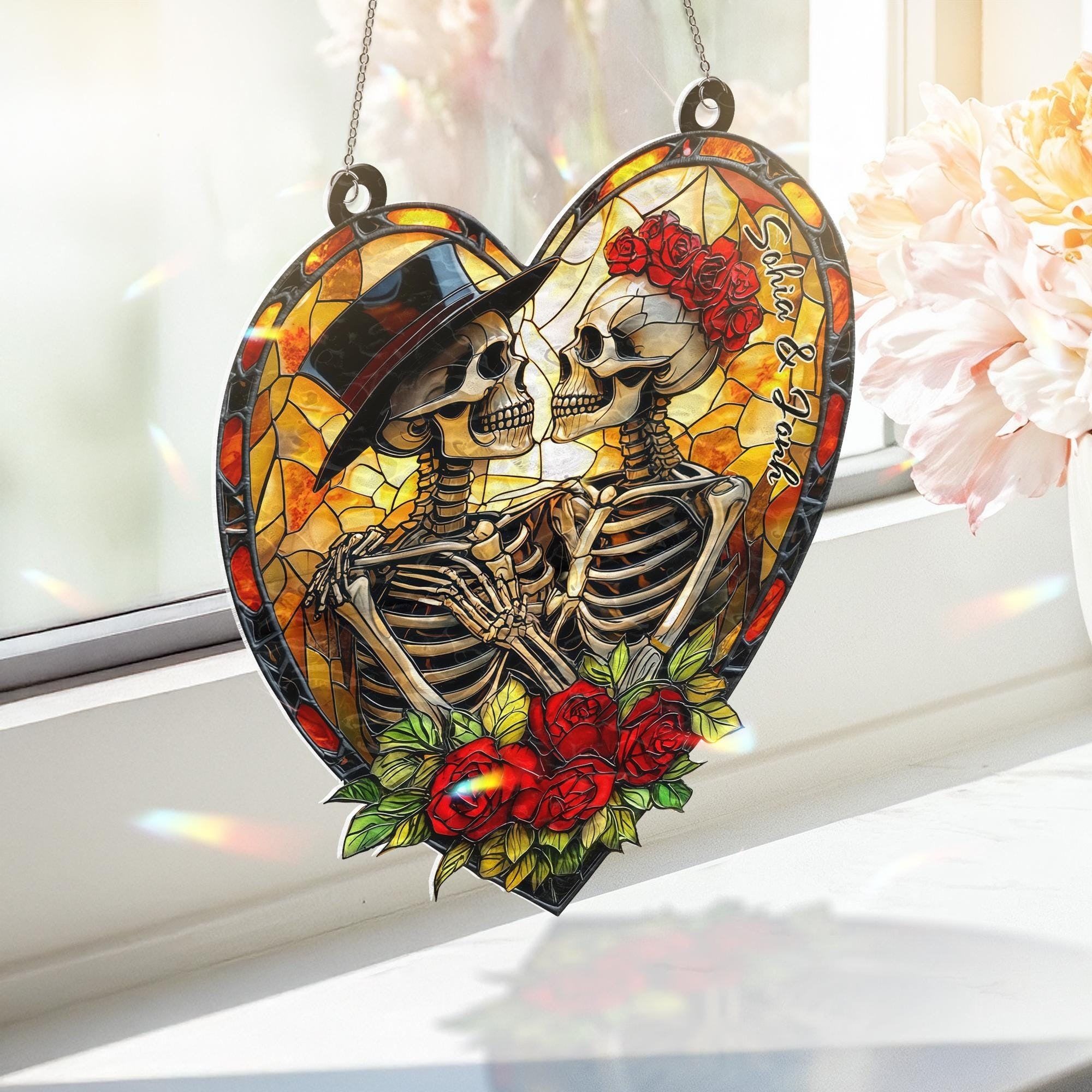 Custom Skeleton Couple Faux Stained Glass Suncatcher for Halloween, Custom Skull Suncatchers with Name, Halloween Couple Acrylic Hanging