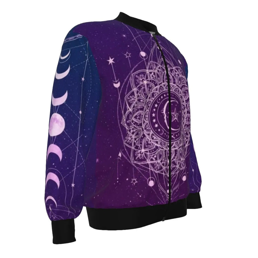 Mystic Lunar Mandala Bomber Jacket, Moon Phase Spiritual Outerwear, Celestial Lotus Graphic Jacket, Sacred Geometry Cosmic Fashion, Boho Mystic Style