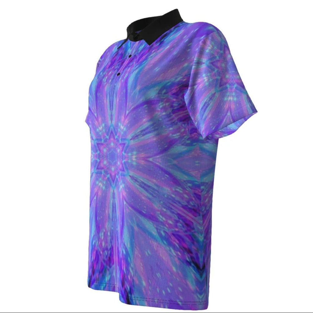 Kaleio Galaxy Women’s Polo Shirt, Trippy Psychedelic Golf Top, Holographic Mandala Space Polo, Cosmic Festival Streetwear