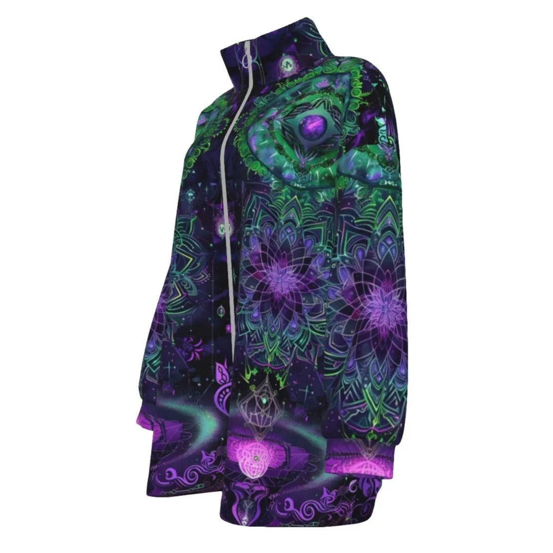 Mystic Aesthetic Women’s Coat, Psychedelic Spiritual Jacket, Festival Boho Wear, Vibrant Healing Clothing, Cosmic Symbol Fashion