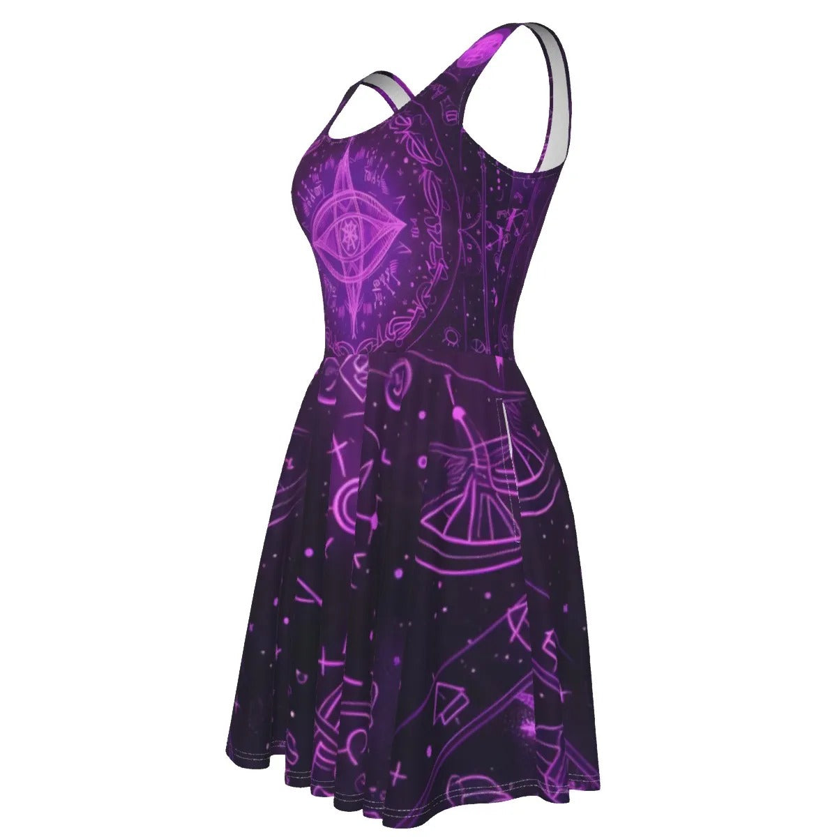 Mystical Fantasy Dress, Women Dresses, All Seeing Eye Dress, Purple Magic Symbols Dress, Witchcore Skater Dress, Psychedelic Festival Outfit, Spiritual Boho Clothing