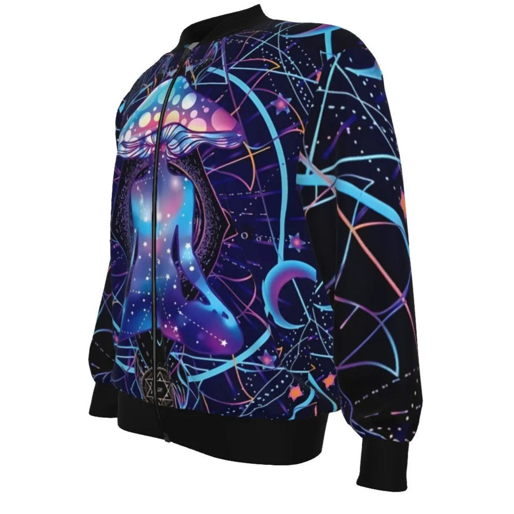 Mystic Mushroom Awakening Bomber Jacket, Psychedelic Spiritual Outerwear, Cosmic Mushroom Graphic Jacket, Visionary Art Streetwear, Boho Mystic Style