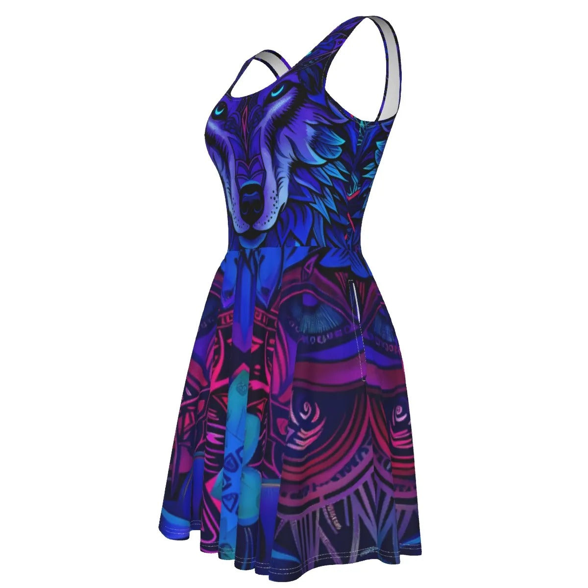 Wolf Mandala Dress, Women Dresses, Spirit Animal Dress, Blue Purple Wolf Art Dress, Tribal Festival Outfit, Psychedelic Animal Clothing, Boho Mystic Fashion, Shamanic Wear