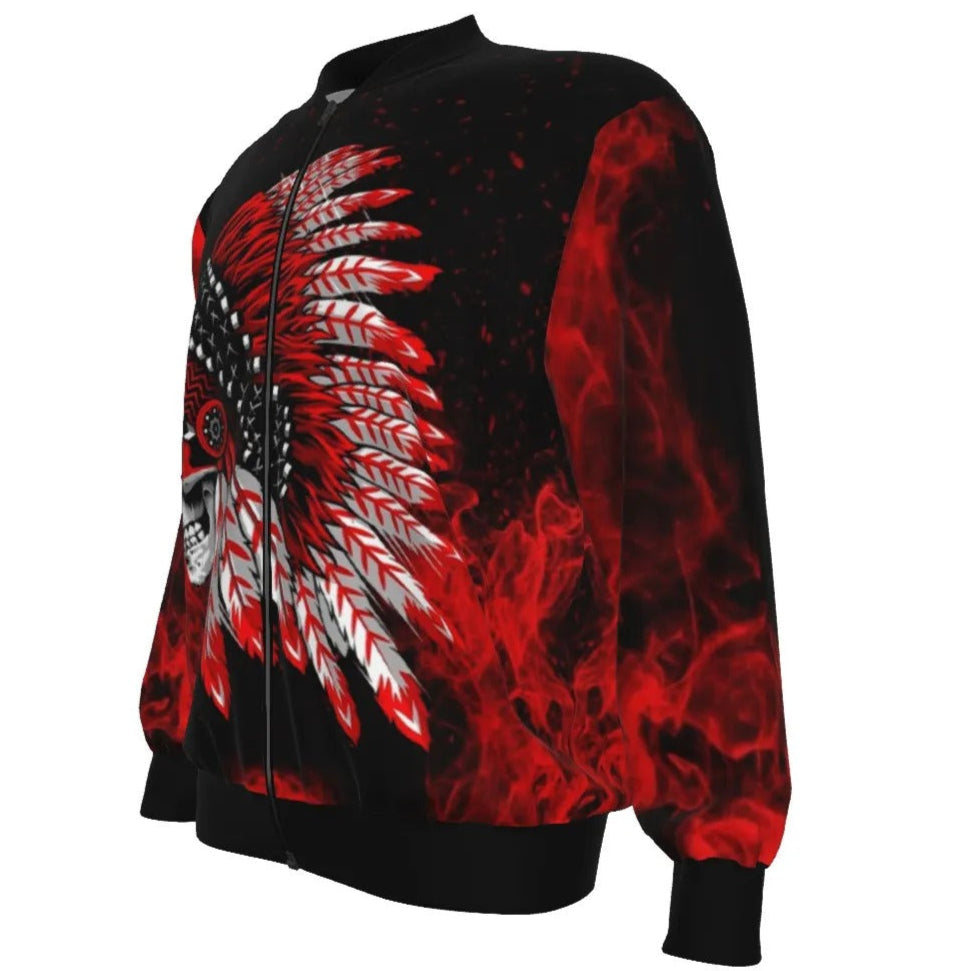 Native American Skull Bomber Jacket, Red Feather Headdress Outerwear, Tribal Gothic Flight Jacket, Red Smoke Graphic Coat, Warrior Biker Style