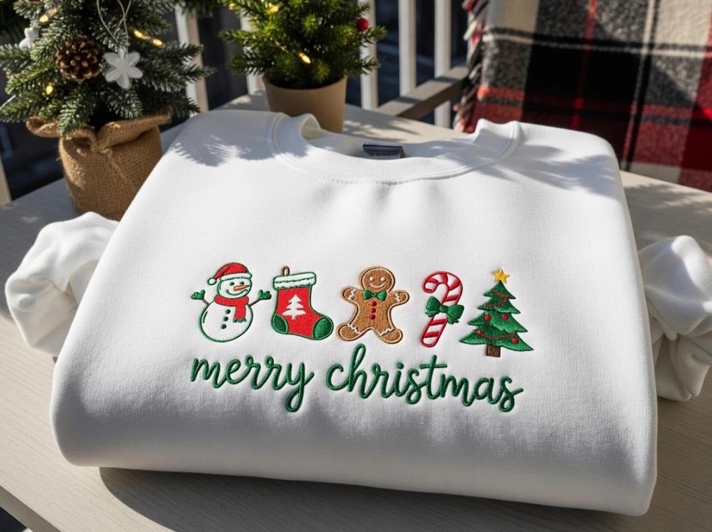 Merry Christmas Embroidered Sweatshirt, Gingerbread Candy Cane Tree Sweater, Festive Winter Gift for Women, Xmas Gift EBAC64