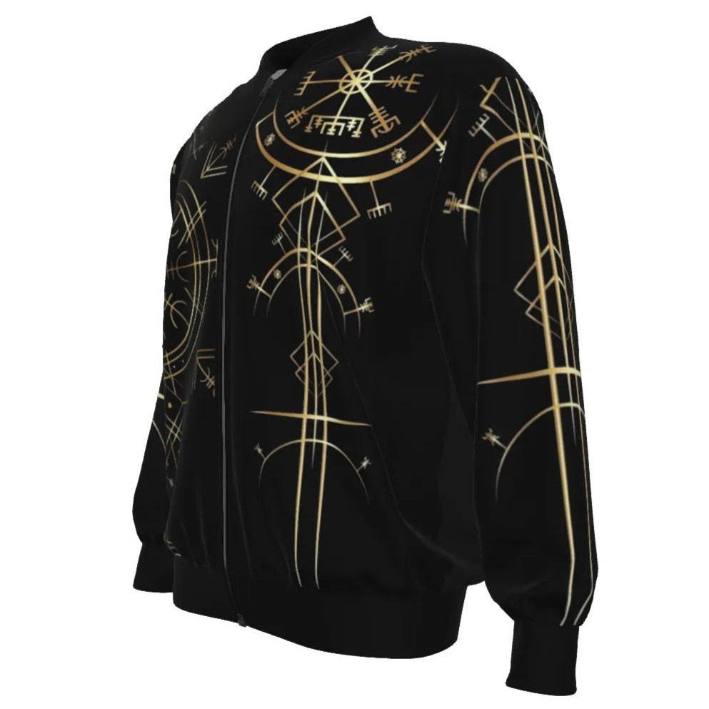 Viking Vegvisir Mysticism Bomber Jacket, Norse Compass Viking Outerwear, Nordic Rune Streetwear, Viking Spiritual Fashion, Sacred Geometry Jacket