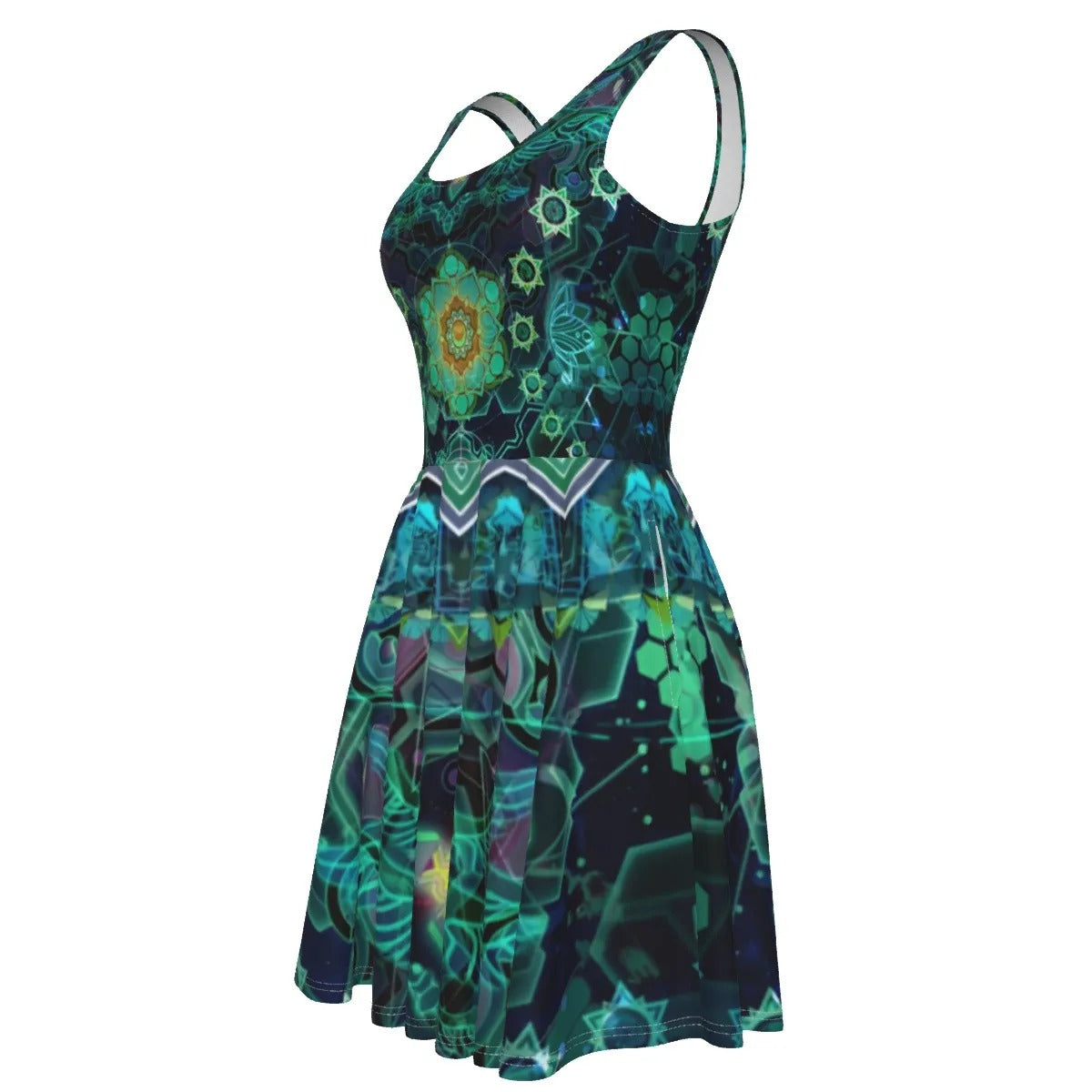 Yantric Geometry Dress, Women Dresses, Sacred Geometry Dress, Green Mandala Art Dress, Psychedelic Festival Outfit, Spiritual Boho Clothing, Meditation Yoga Wear