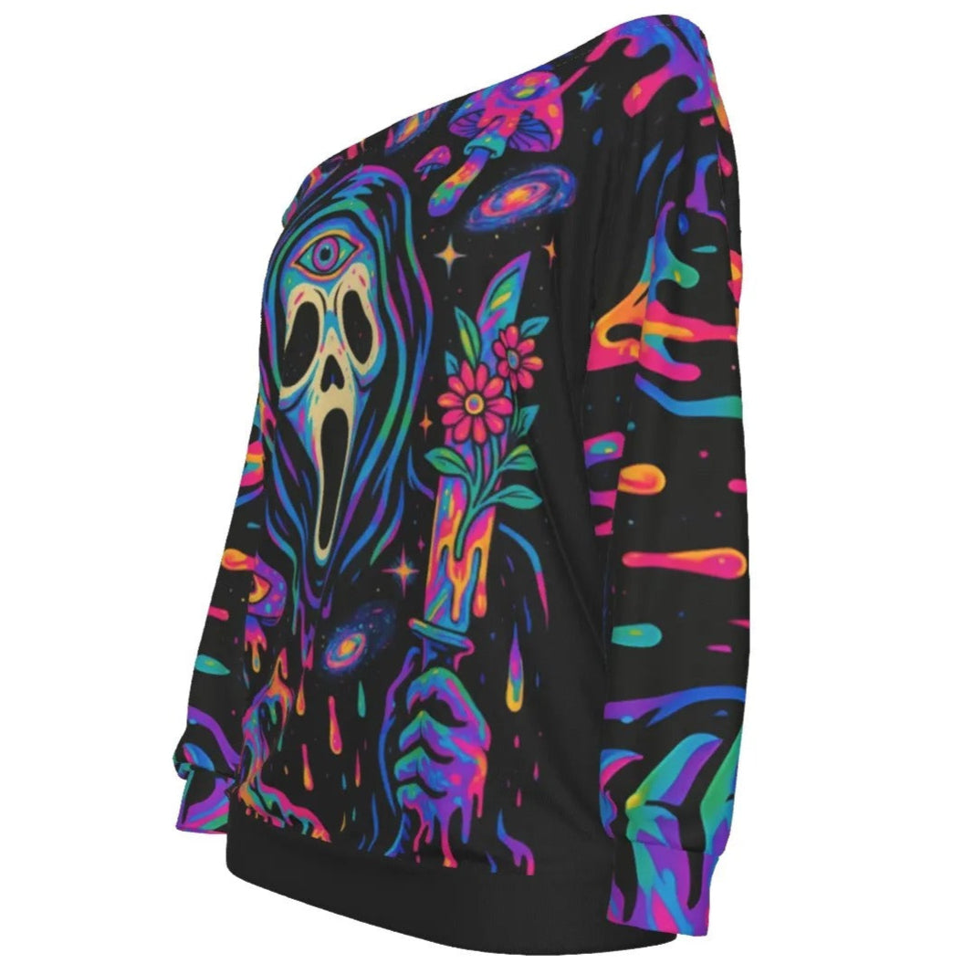 Psychedelic Halloween Mushrooms Off-Shoulder Top, Neon Trippy Mushroom Custom Shirt, Spooky Halloween Fashion, Halloween Costume Ideas