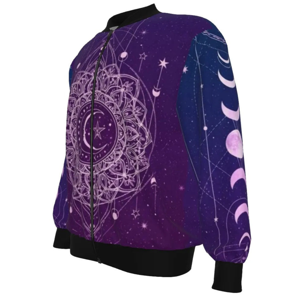 Mystic Lunar Mandala Bomber Jacket, Moon Phase Spiritual Outerwear, Celestial Lotus Graphic Jacket, Sacred Geometry Cosmic Fashion, Boho Mystic Style