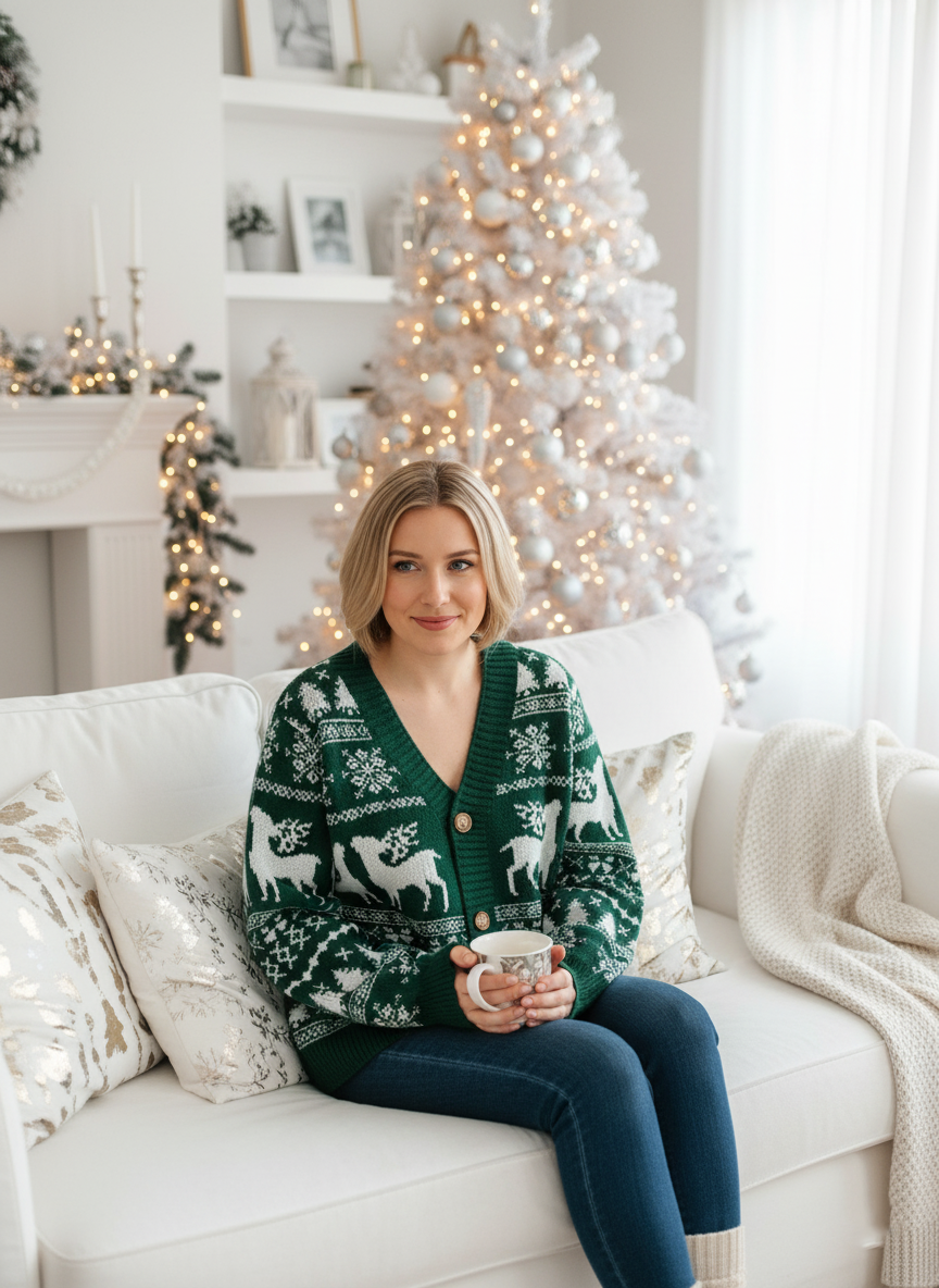 Ugly Christmas Cardigan for Women, Green Reindeer Knit Sweater with Snowflakes and Trees, Festive Holiday Button Down