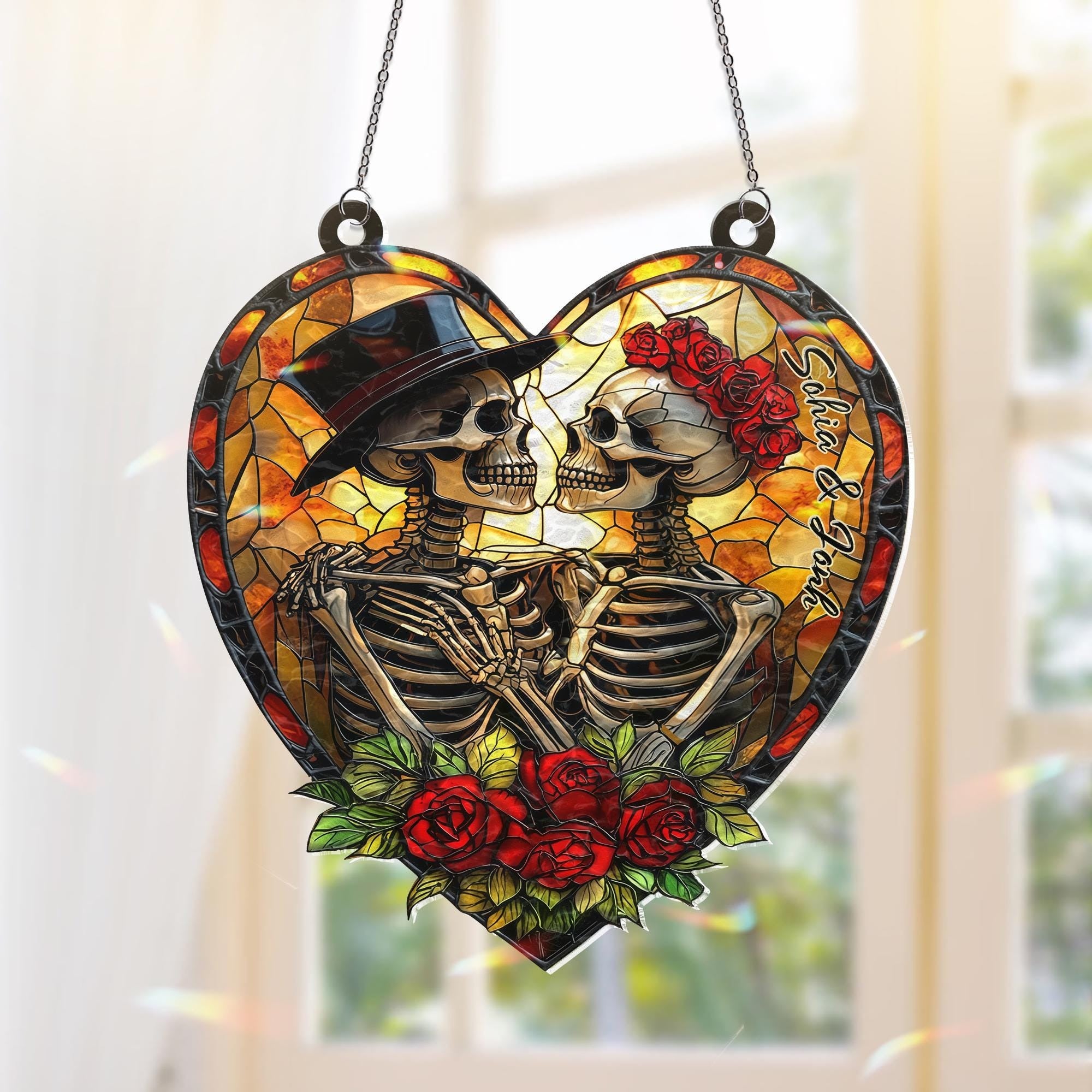 Custom Skeleton Couple Faux Stained Glass Suncatcher for Halloween, Custom Skull Suncatchers with Name, Halloween Couple Acrylic Hanging