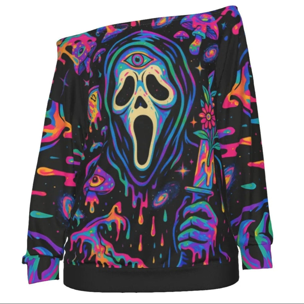 Psychedelic Halloween Mushrooms Off-Shoulder Top, Neon Trippy Mushroom Custom Shirt, Spooky Halloween Fashion, Halloween Costume Ideas