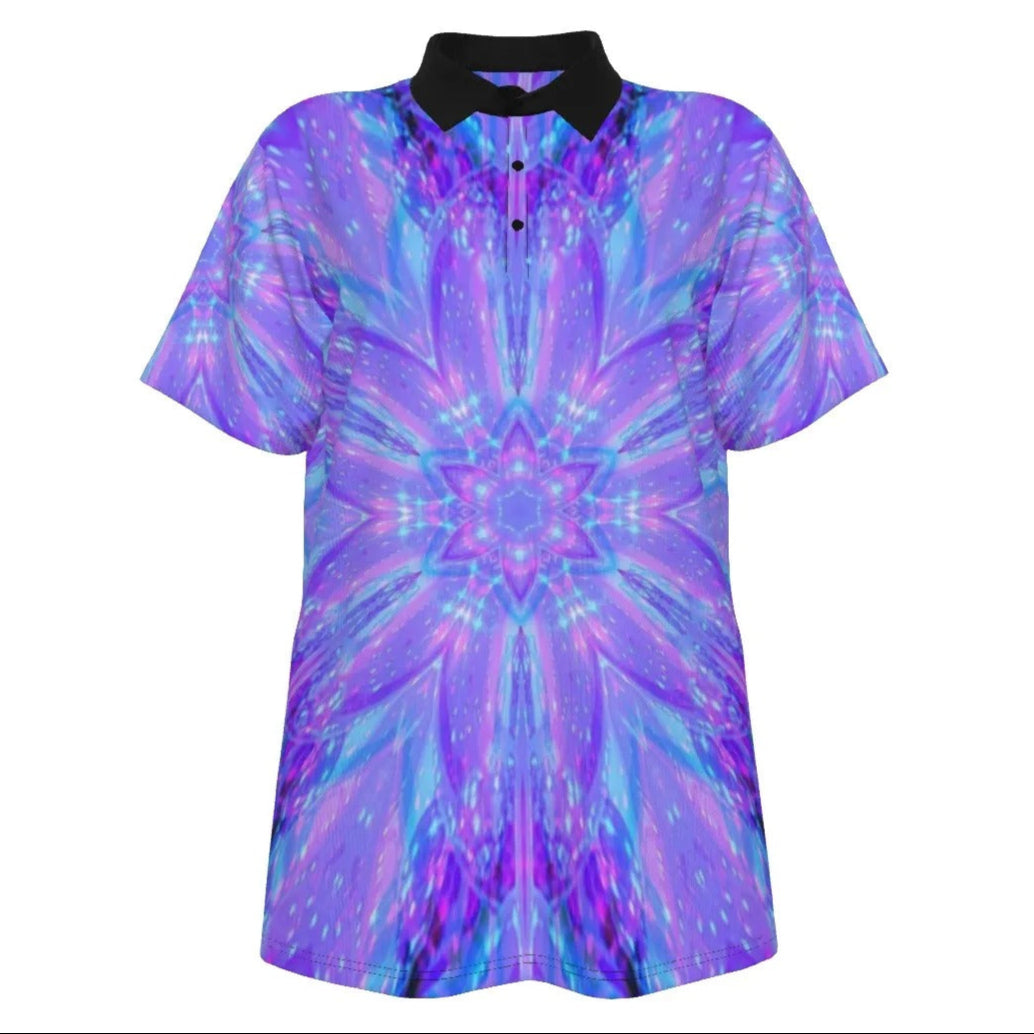 Kaleio Galaxy Women’s Polo Shirt, Trippy Psychedelic Golf Top, Holographic Mandala Space Polo, Cosmic Festival Streetwear