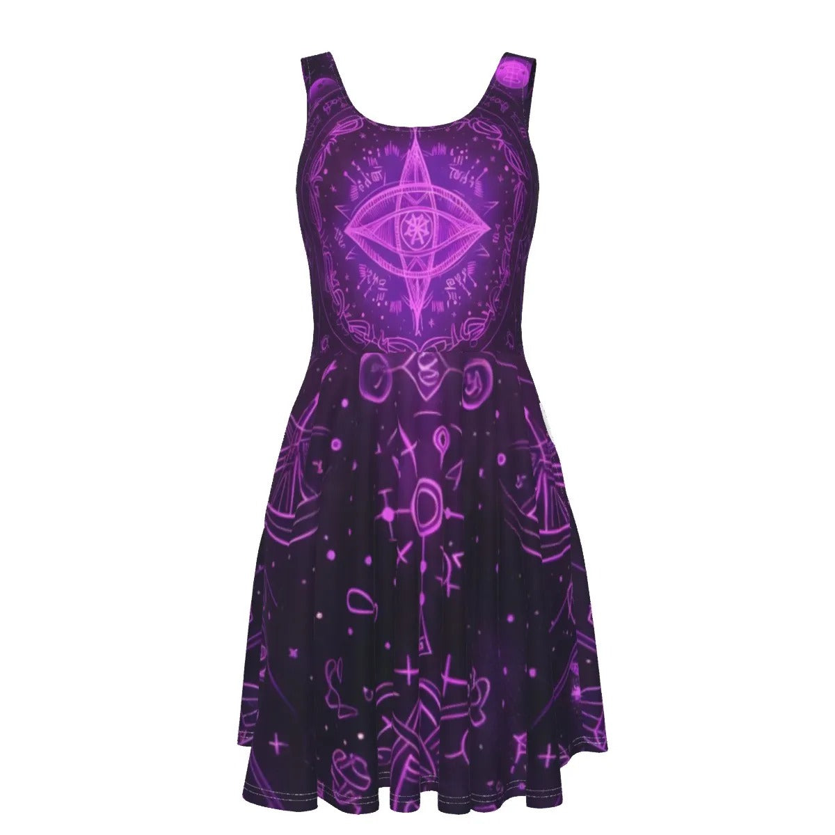 Mystical Fantasy Dress, Women Dresses, All Seeing Eye Dress, Purple Magic Symbols Dress, Witchcore Skater Dress, Psychedelic Festival Outfit, Spiritual Boho Clothing