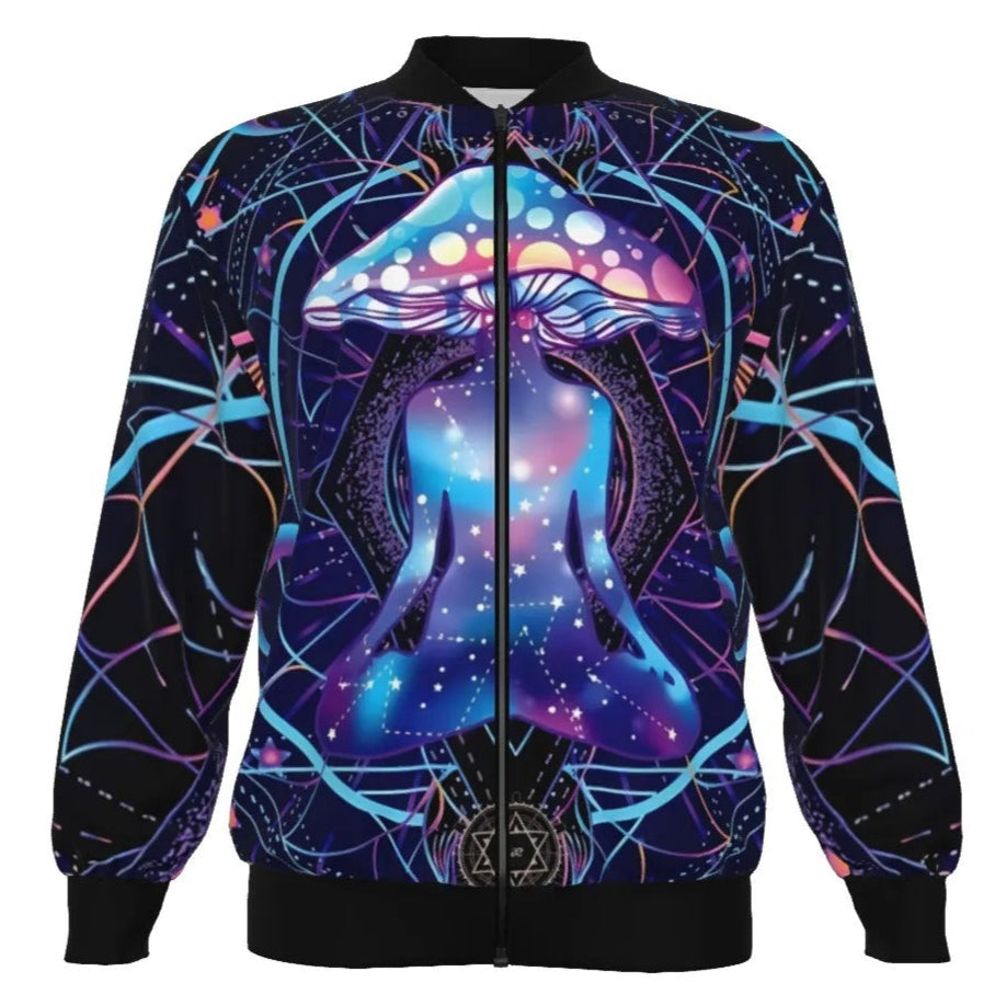 Mystic Mushroom Awakening Bomber Jacket, Psychedelic Spiritual Outerwear, Cosmic Mushroom Graphic Jacket, Visionary Art Streetwear, Boho Mystic Style
