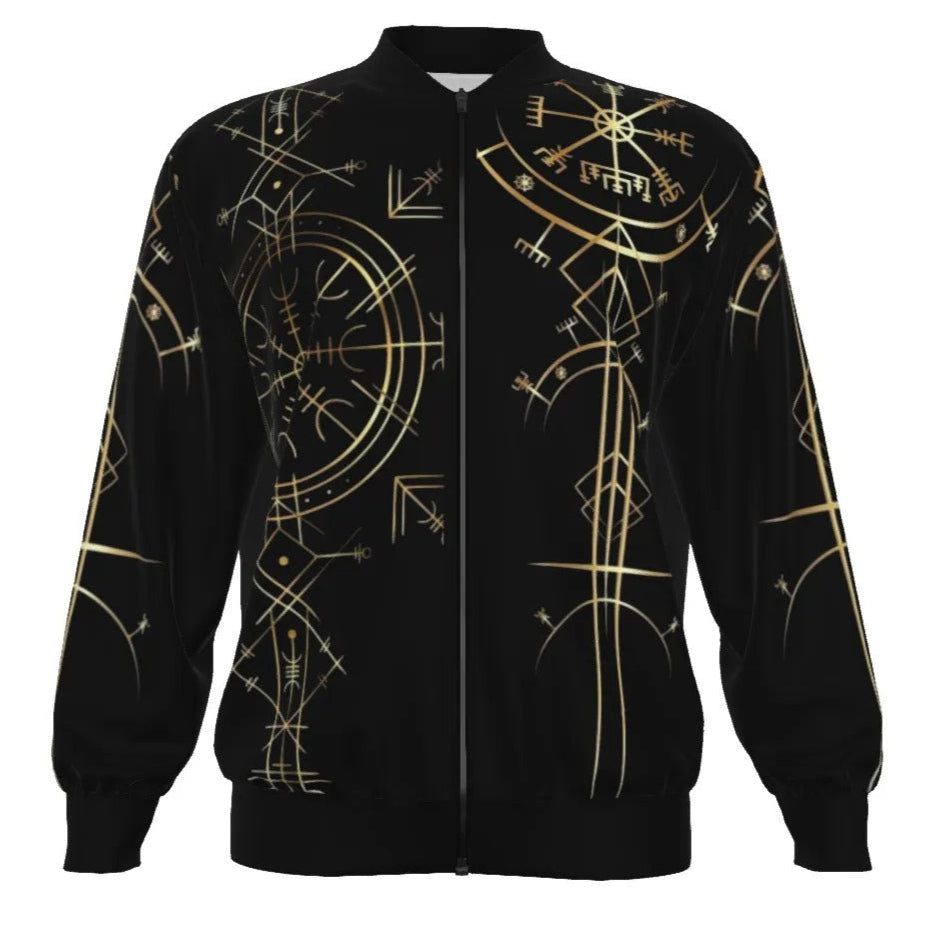 Viking Vegvisir Mysticism Bomber Jacket, Norse Compass Viking Outerwear, Nordic Rune Streetwear, Viking Spiritual Fashion, Sacred Geometry Jacket