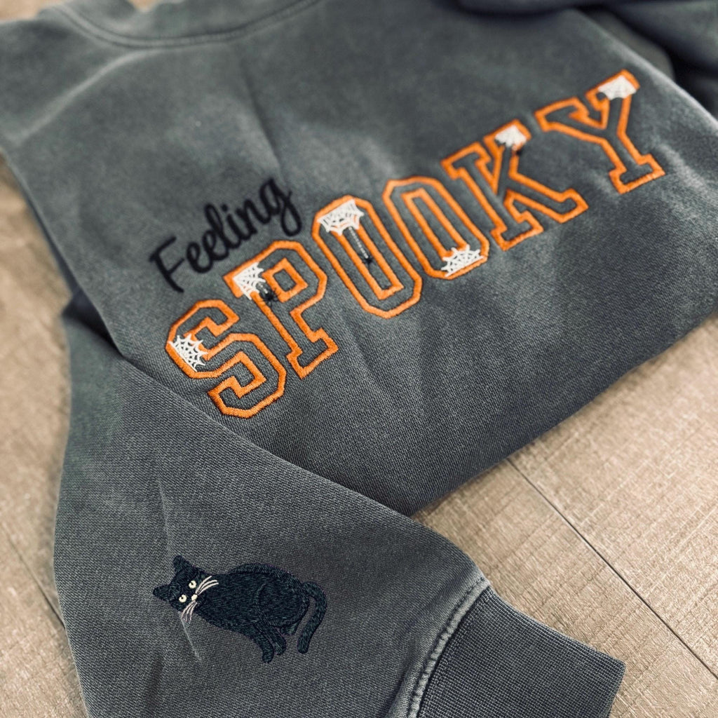 Embroidered Feeling Spooky Sweatshirt, Embroidered Halloween Ghost Crewneck Sweater, Cozy Autumn Pumpkin Crewneck, Halloween Gifts EBAC16