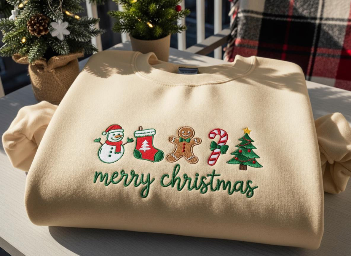 Merry Christmas Embroidered Sweatshirt, Gingerbread Candy Cane Tree Sweater, Festive Winter Gift for Women, Xmas Gift EBAC64