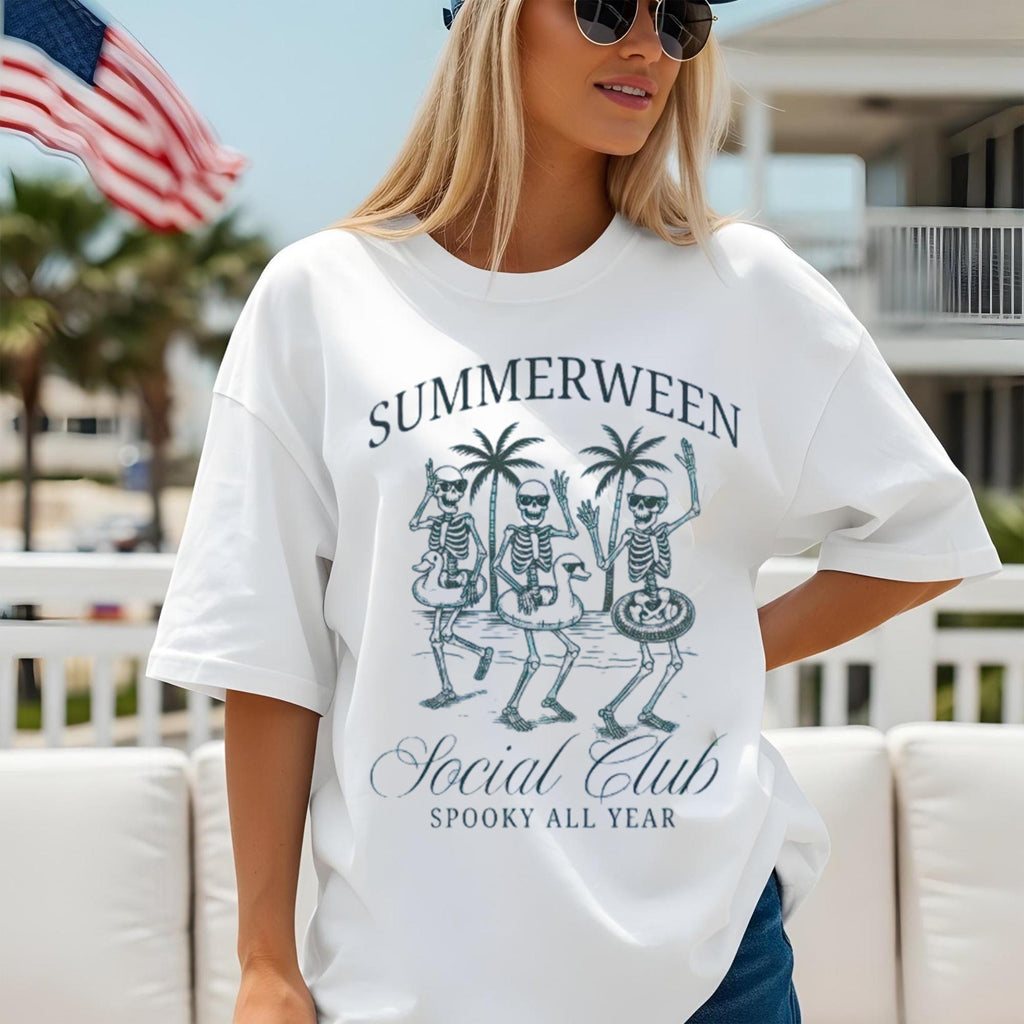 Summerween Shirt, Funny Halloween T Shirt, Summer Halloween Tee Shirt, Skeleton Beach Tee, Spooky Season Shirt, Graphic Tee