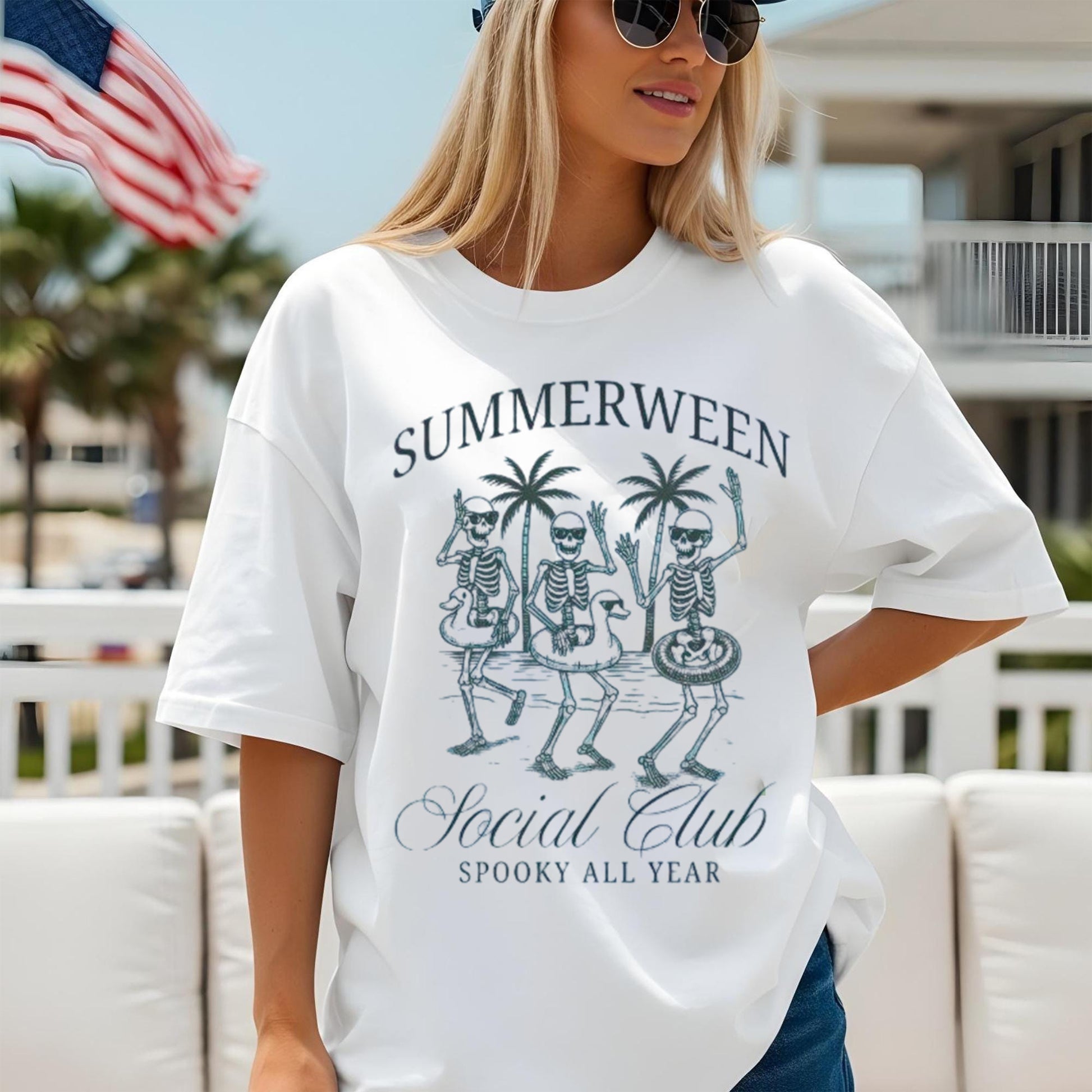 Summerween Shirt, Funny Halloween T Shirt, Summer Halloween Tee Shirt, Skeleton Beach Tee, Spooky Season Shirt, Graphic Tee