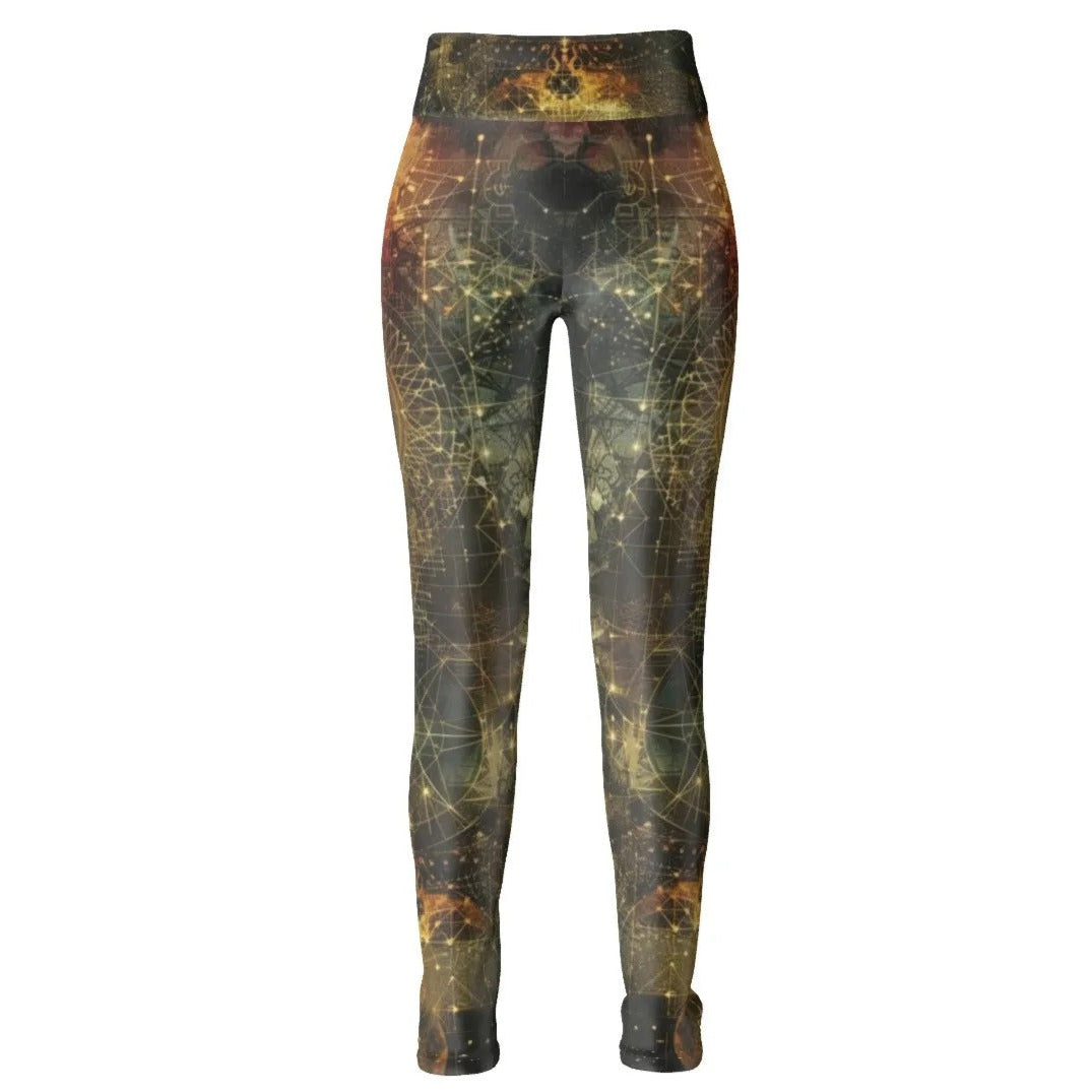 Celestial Alchemy Leggings, Sacred Geometry Yoga Pants with Cosmic Symbols & Astral Energy Design