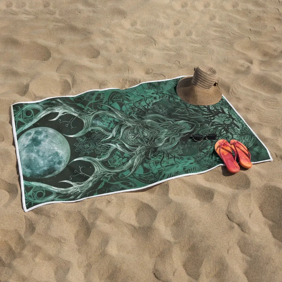 Viking Beach Towel, Norse Mythology Antler Design, Tribal Fantasy Beach Towel, Spiritual Towel, Moon Graphic Towel