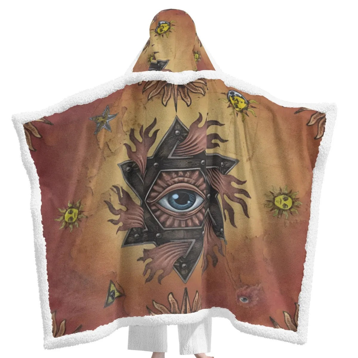 Mystic Eye Mandala Wearable Hooded Blanket, Sacred Geometry Fleece Cloak Robe, Visionary Art Cozy Loungewear, Esoteric Spiritual Winter Wrap