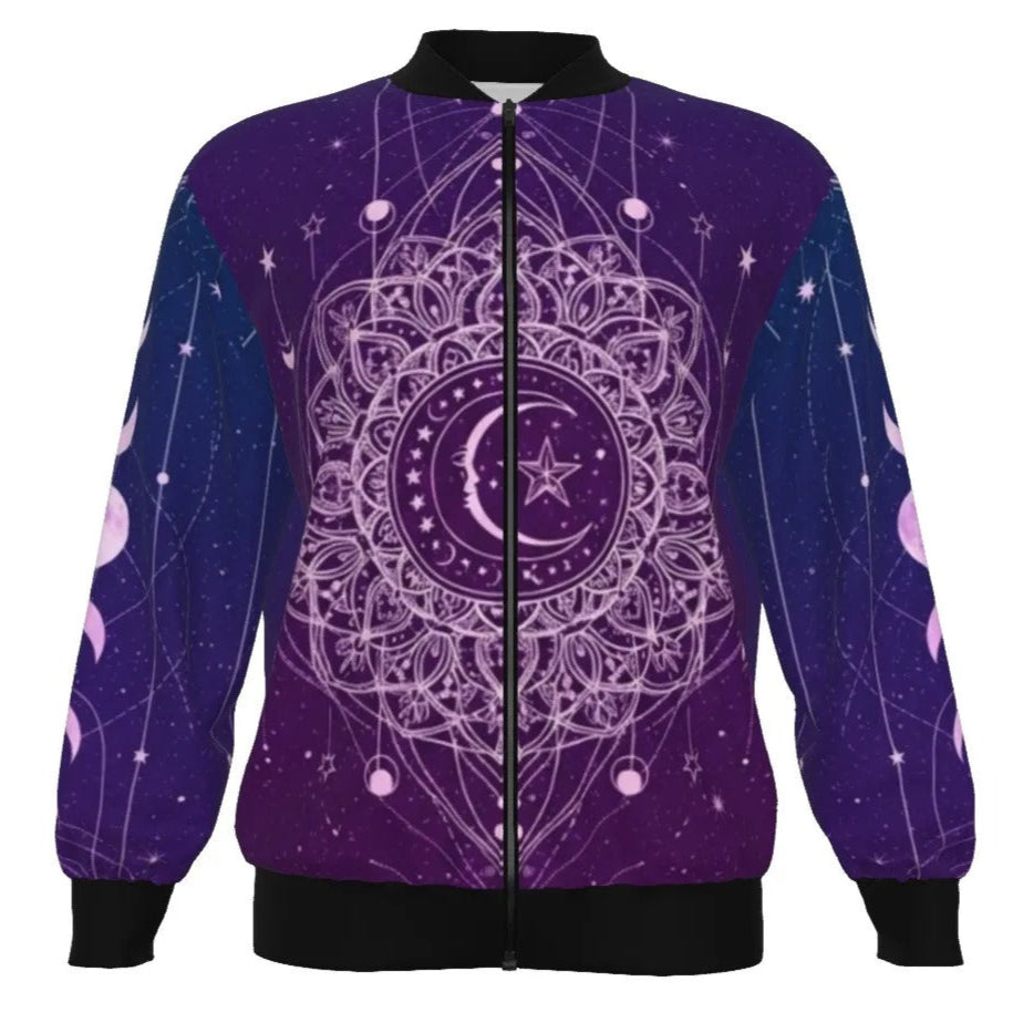 Mystic Lunar Mandala Bomber Jacket, Moon Phase Spiritual Outerwear, Celestial Lotus Graphic Jacket, Sacred Geometry Cosmic Fashion, Boho Mystic Style