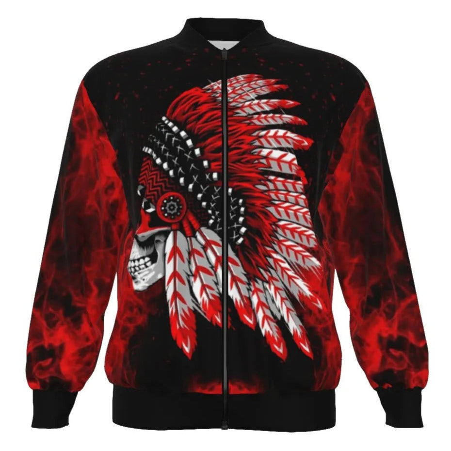 Native American Skull Bomber Jacket, Red Feather Headdress Outerwear, Tribal Gothic Flight Jacket, Red Smoke Graphic Coat, Warrior Biker Style