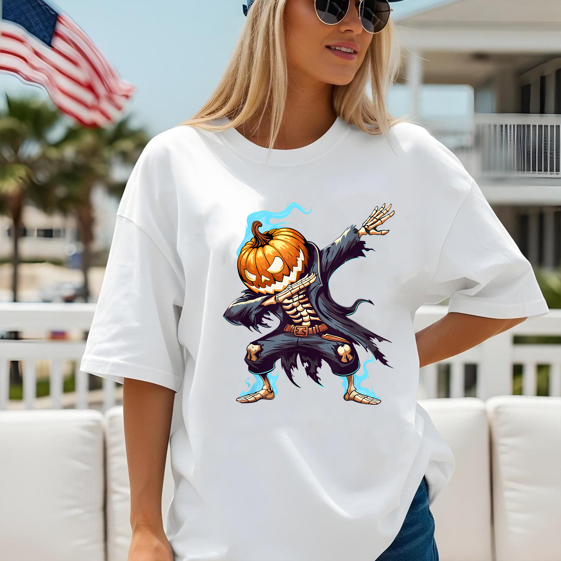 Dabbing Pumpkin Skeleton Shirt, Funny Halloween Dab Dance T-Shirt, Cool Spooky Halloween Costume Tee