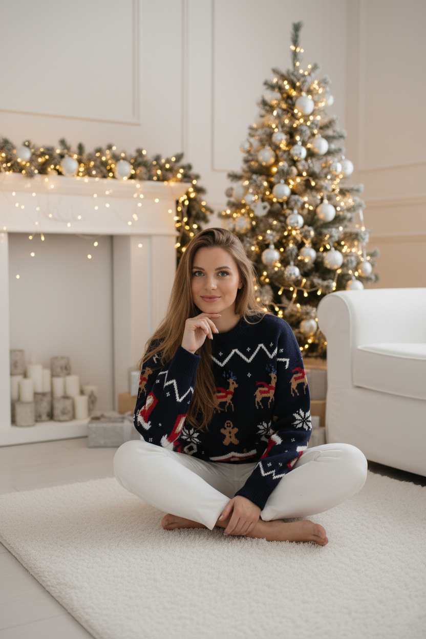 Ugly Christmas Sweater Women, Navy Blue Reindeer & Cabin Knit Pullover, Festive Holiday Winter Jumper, Snowflake Gingerbread Xmas Outfit