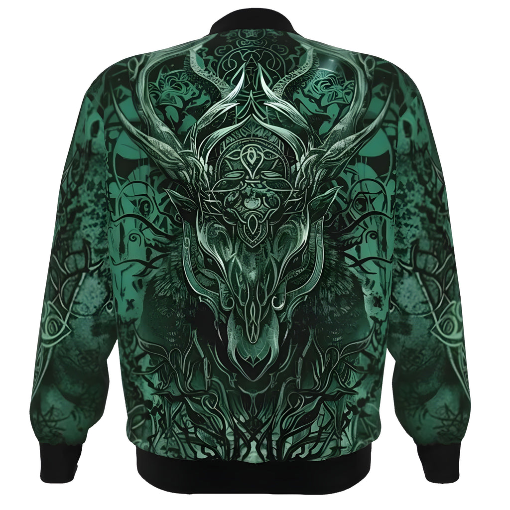 Viking Bomber Jacket, Norse Mythology Wolf Design, Viking Spirit Jacket, Fantasy Streetwear, Skull and Antler Graphic Jacket