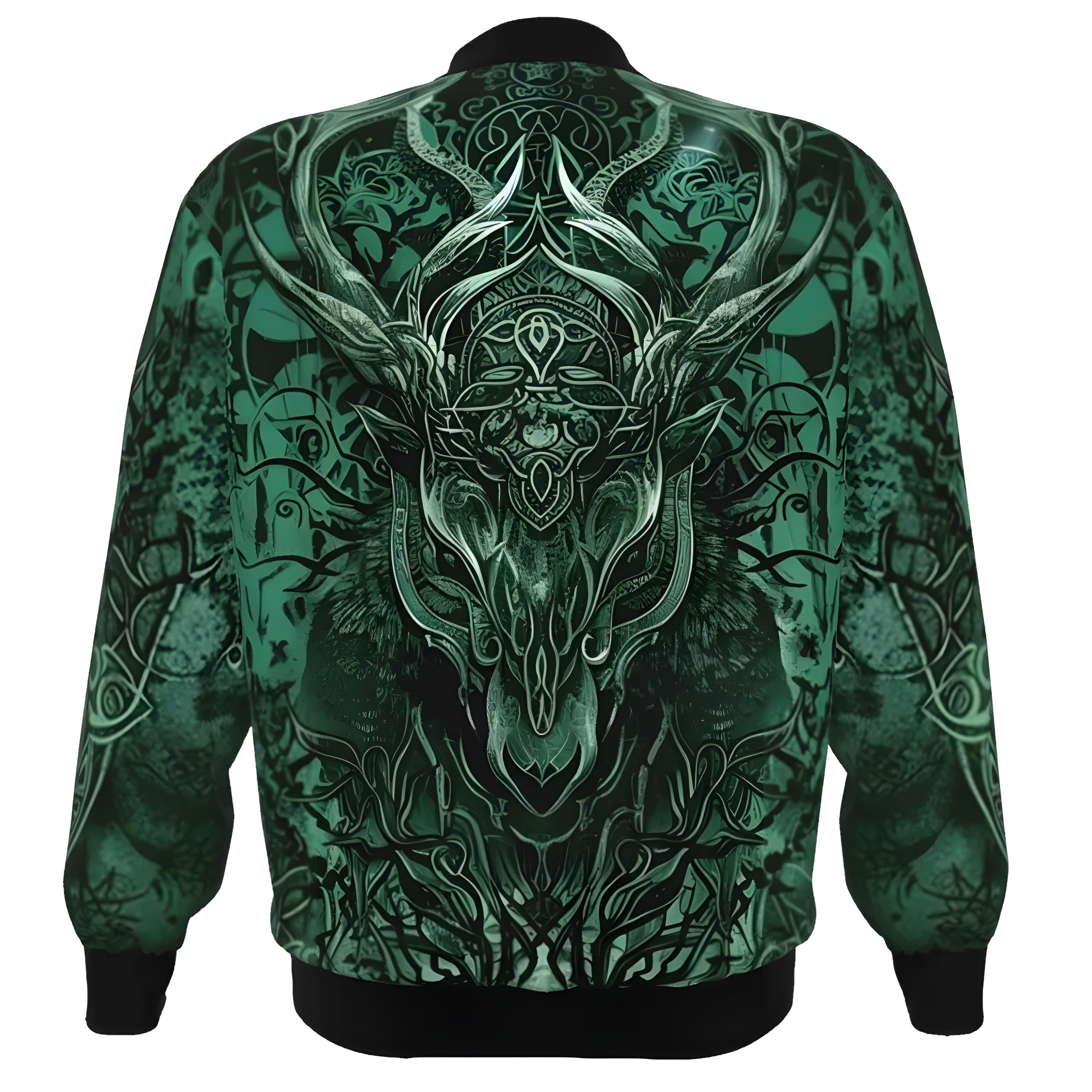Viking Bomber Jacket, Norse Mythology Wolf Design, Viking Spirit Jacket, Fantasy Streetwear, Skull and Antler Graphic Jacket