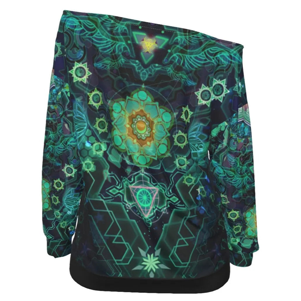 Yantric Geometry Off-Shoulder, Sacred Mandala Energy Coats, Mystic Geometric Light Off-Shoulder, Vibrant Spiritual Pattern Off-Shoulder, Celestial Yantra Off-Shoulder