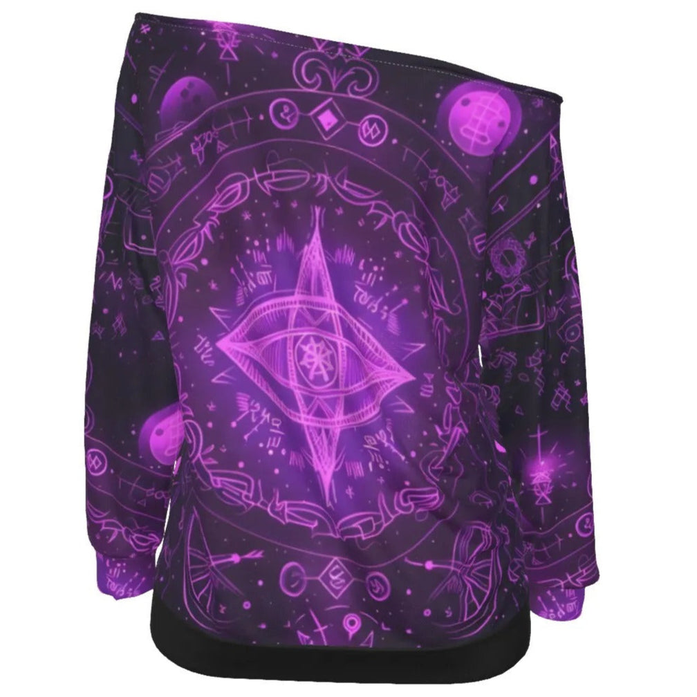 Mystical Fantasy Off-Shoulder, Arcane Magic Symbol Off-Shoulder, Witchcore Celestial Light Off-Shoulder, Vibrant Occult Energy Off-Shoulder, Esoteric Purple Spell Off-Shoulder