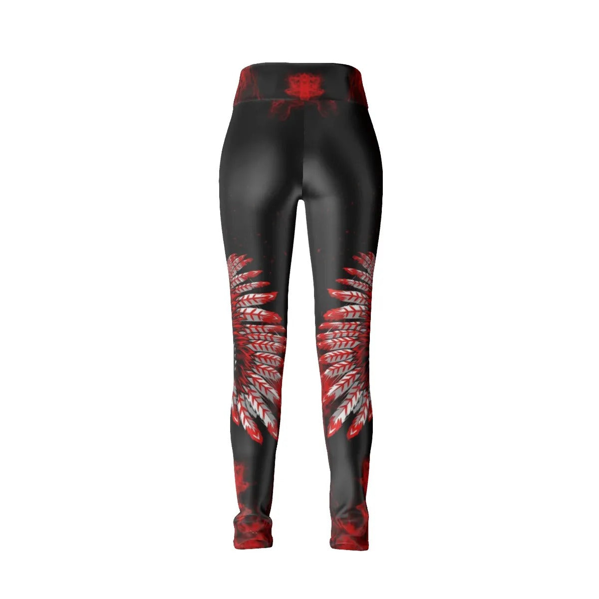 Native American Skull Leggings, Red Feather Headdress Yoga Pants, Tribal Gothic Activewear, Red Smoke Graphic Tights, Warrior Biker Style