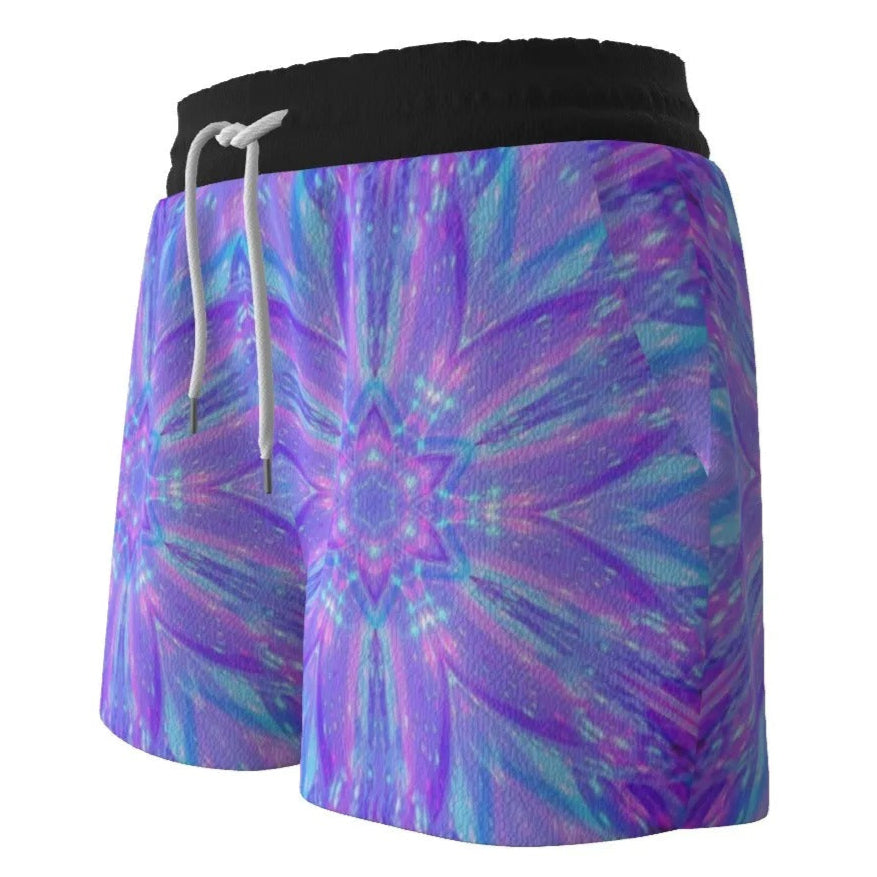 Kaleio Galaxy Women’s Shorts, Trippy Psychedelic Mandala Bottoms, Holographic Space Festival Wear, Cosmic Summer Rave Outfit