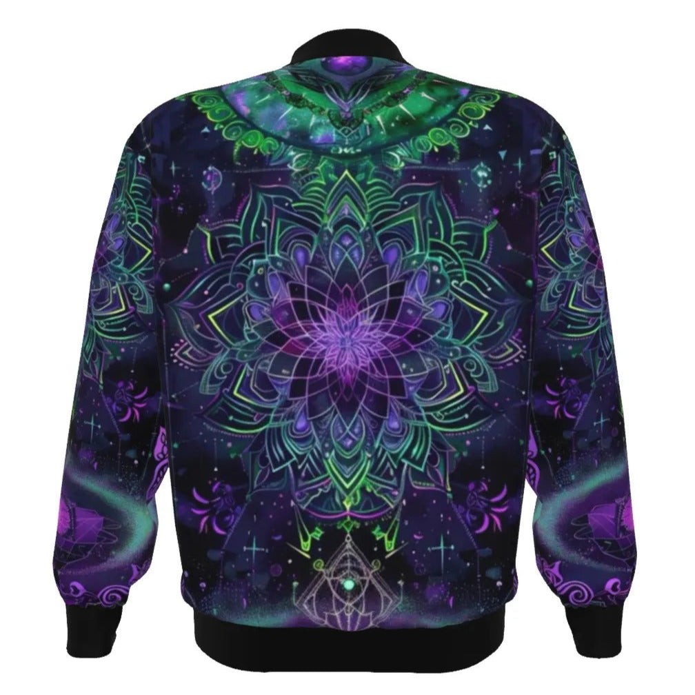 Mystic Aesthetic Women’s Bomber Jacket, Psychedelic Spiritual Zip Up, Festival Boho Wear, Vibrant Healing Clothing, Cosmic Symbol Fashion