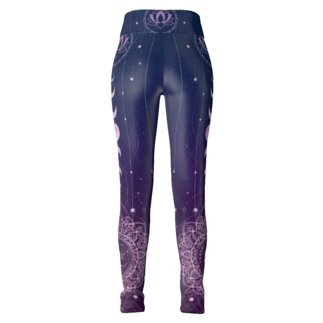 Mystic Lunar Mandala Leggings, Moon Phase Spiritual Yoga Pants, Celestial Lotus Activewear, Sacred Geometry Cosmic Tights, Boho Mystic Style