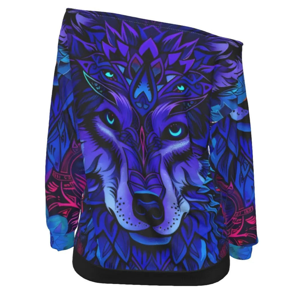 Wolf Mandala Off Shoulder Top, Women Sweatshirt, Spirit Animal Shirt, Blue Purple Wolf Art, Tribal Festival Clothing, Psychedelic Animal Top, Boho Mystic Fashion, Shamanic Wear