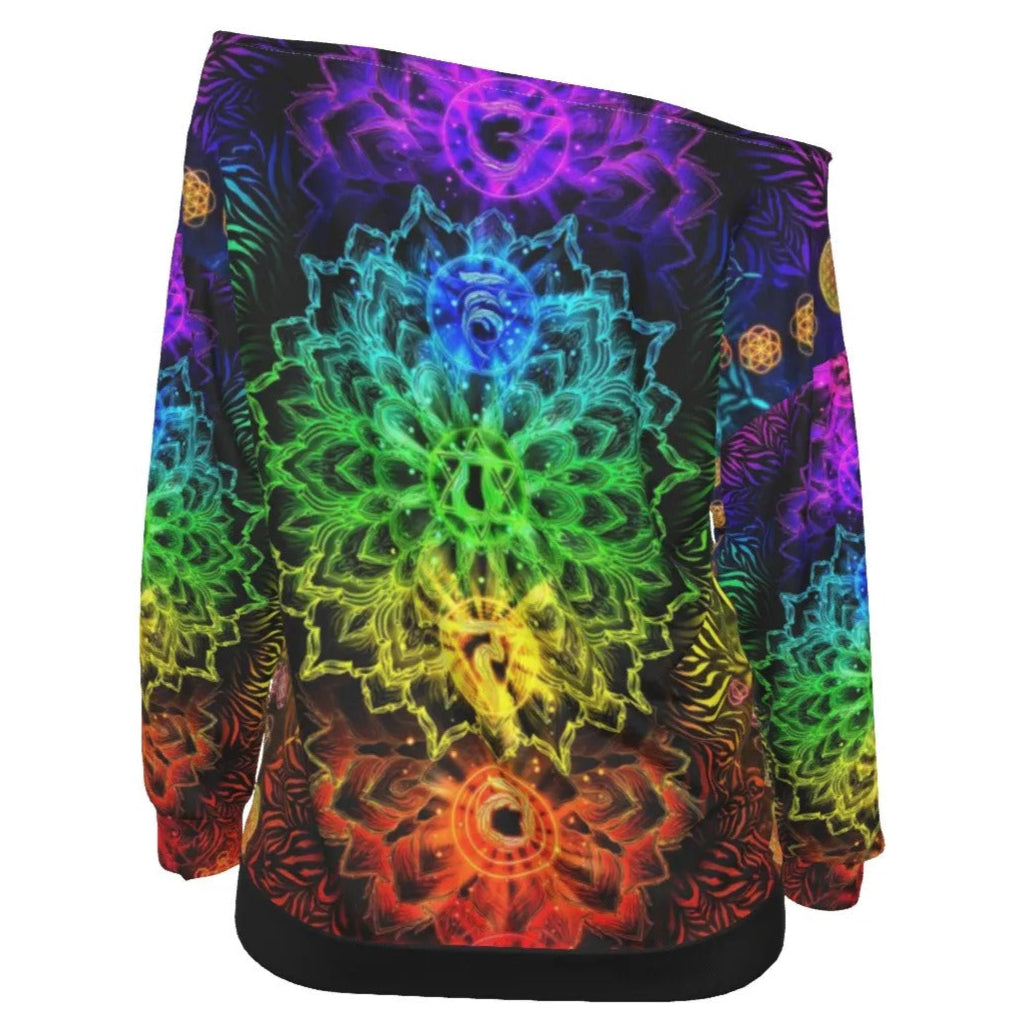 Sacred Chakra Mandala Off-Shoulder, Vibrant Rainbow Energy Healing Off-Shoulder, Spiritual Energy Symbol, Colorful Sacred Geometry Off-Shoulder, Mandala Off-Shoulder