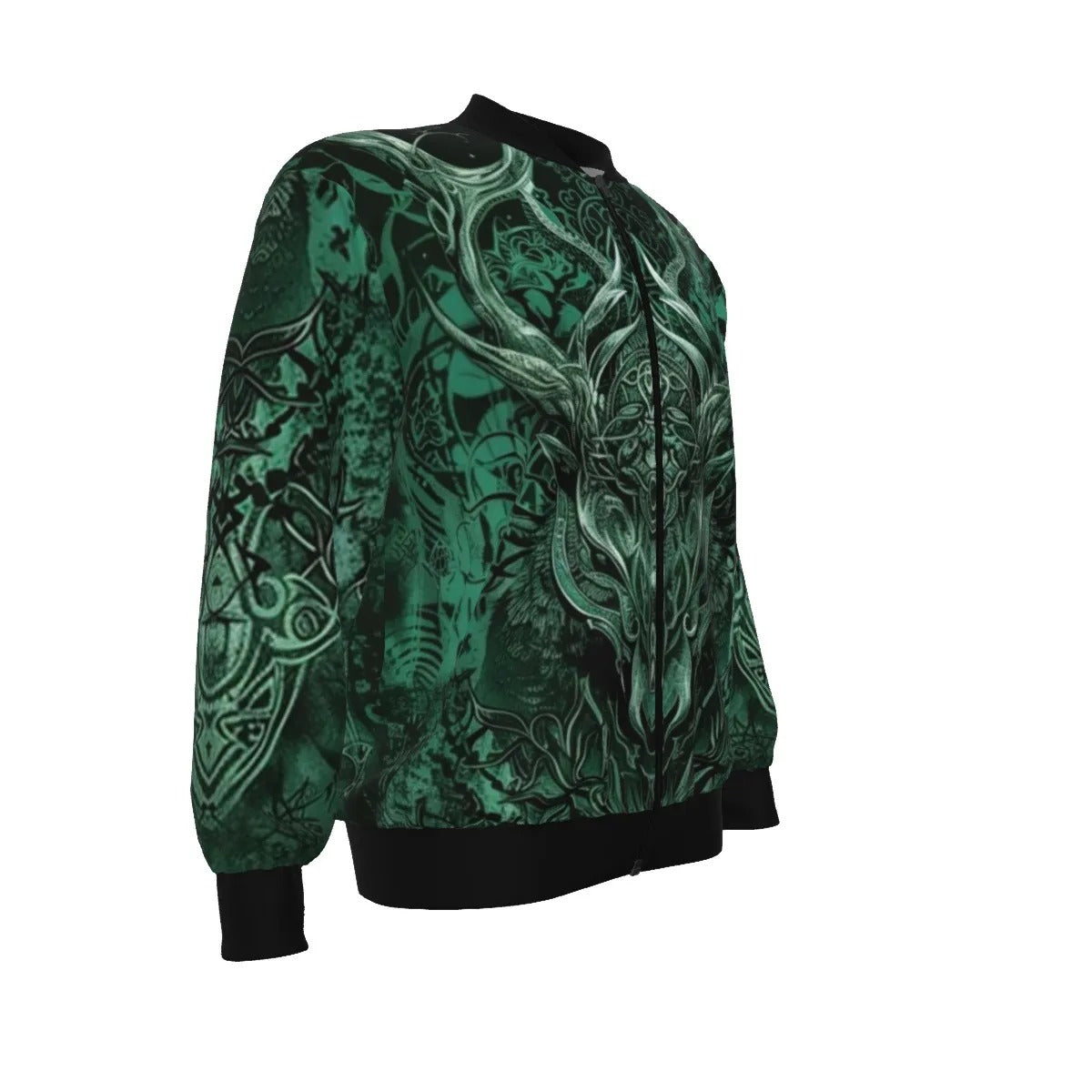 Viking Bomber Jacket, Norse Mythology Wolf Design, Viking Spirit Jacket, Fantasy Streetwear, Skull and Antler Graphic Jacket