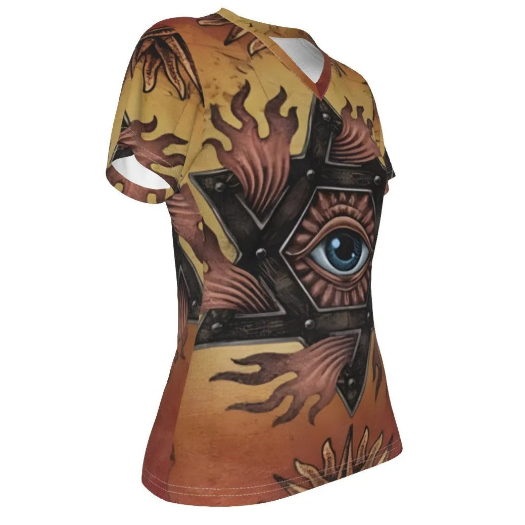 Mystic Mandala Women’s V-Neck Shirt, Sacred Geometry Eye Tee, Psychedelic Sun Top, Boho Spiritual Festival Wear