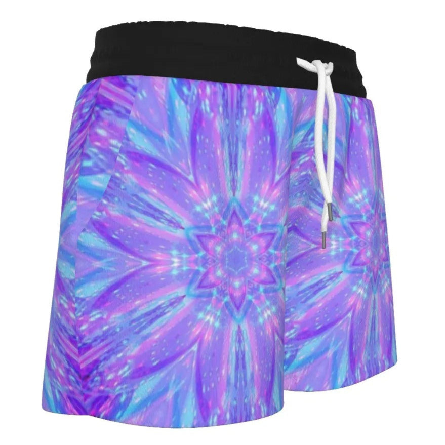 Kaleio Galaxy Women’s Shorts, Trippy Psychedelic Mandala Bottoms, Holographic Space Festival Wear, Cosmic Summer Rave Outfit