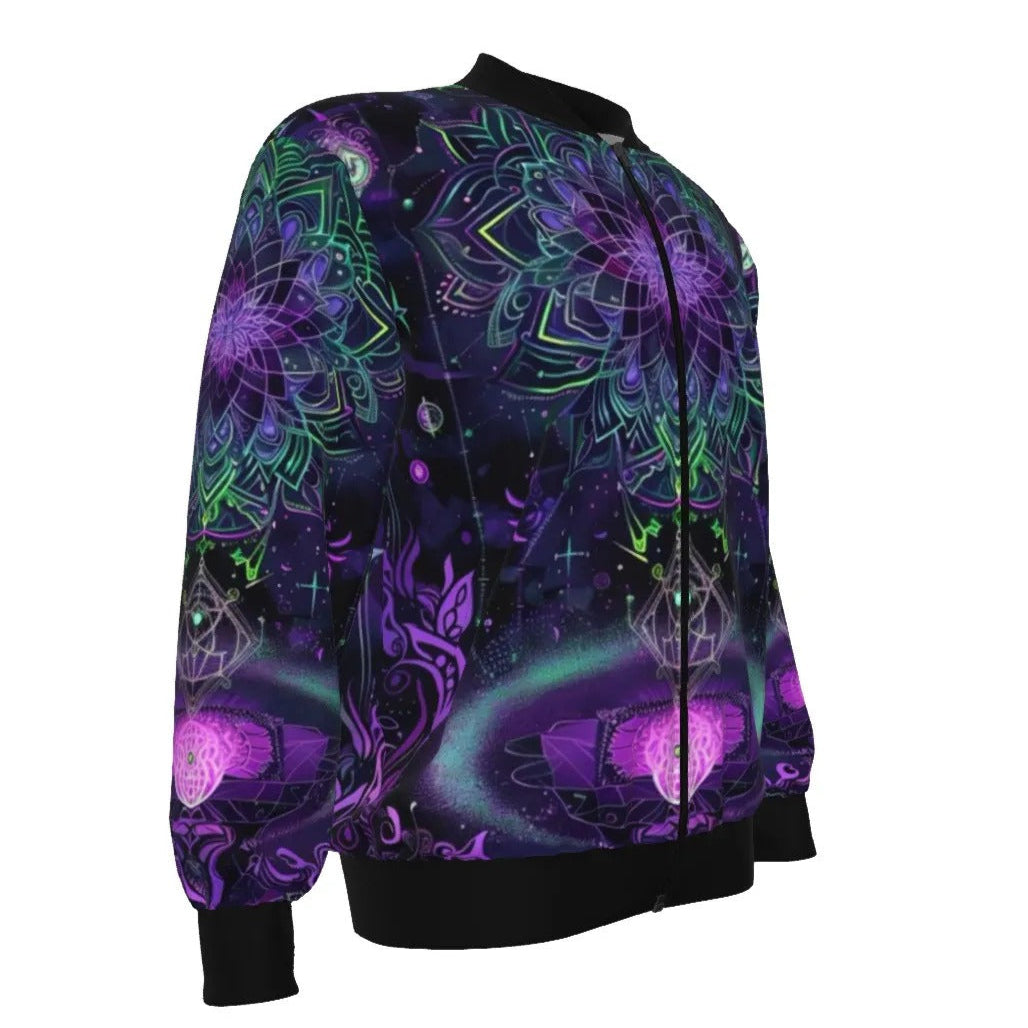 Mystic Aesthetic Women’s Bomber Jacket, Psychedelic Spiritual Zip Up, Festival Boho Wear, Vibrant Healing Clothing, Cosmic Symbol Fashion