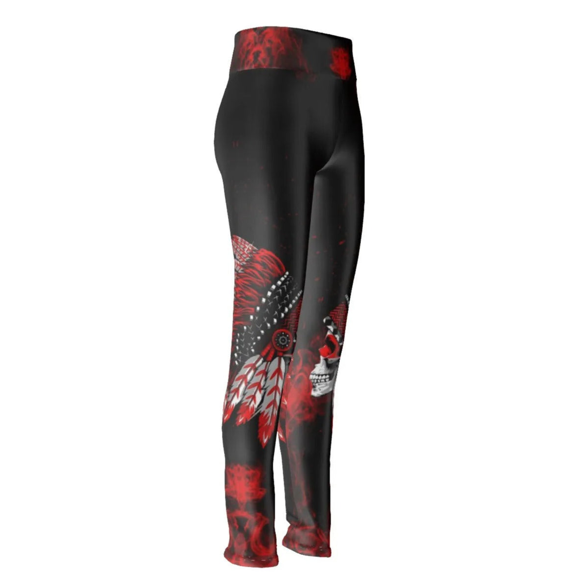 Native American Skull Leggings, Red Feather Headdress Yoga Pants, Tribal Gothic Activewear, Red Smoke Graphic Tights, Warrior Biker Style